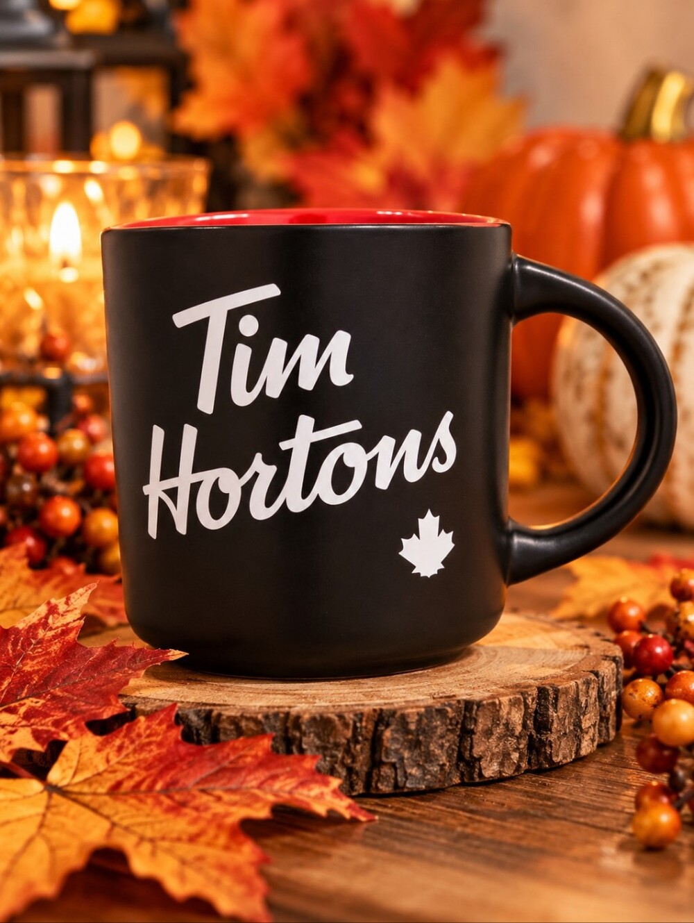 πTim Hortons Black Ceramic Coffee Mug Red Interior Maple Leaf Logo Cup